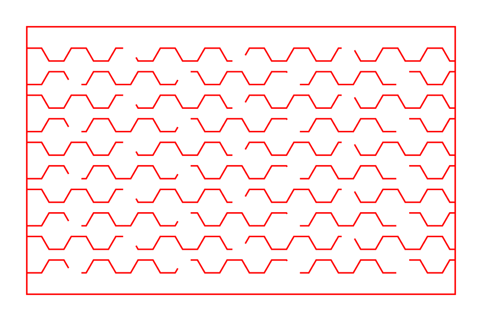 Honeycomb living hinge pattern: mirrored trapezoid laser cuts leaving hexagon cells