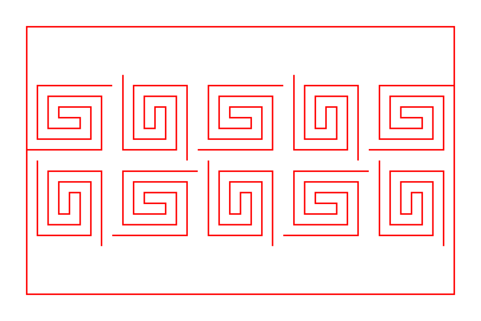 Maze living hinge pattern: square double-spiral laser cuts in a pinwheel layout that flex in every direction