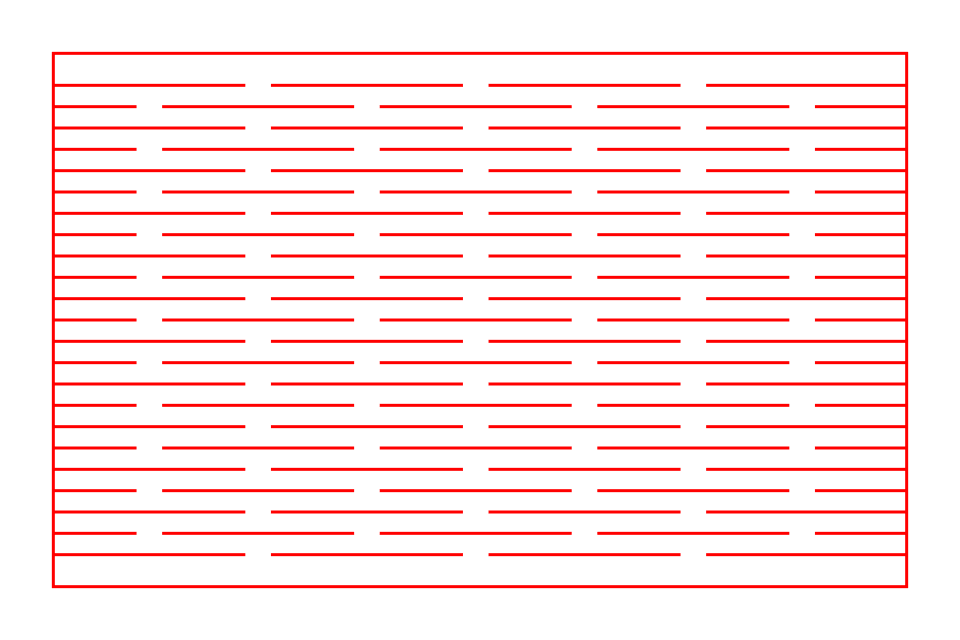 Straight living hinge pattern: rows of offset parallel laser cuts in a brick layout on a plywood panel