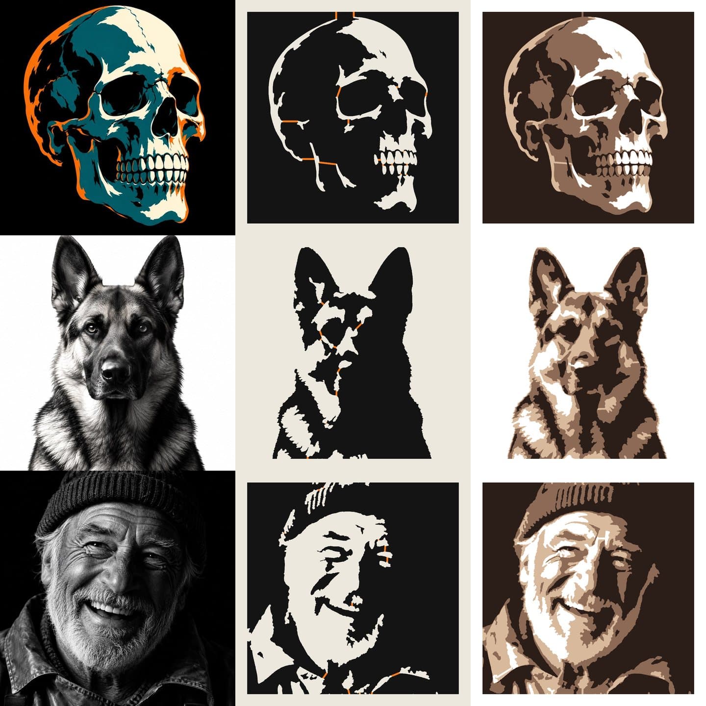 Sample photos of a skull, a German shepherd and a fisherman, each turned into a single-layer stencil with orange bridges and a three-layer spray-paint stencil
