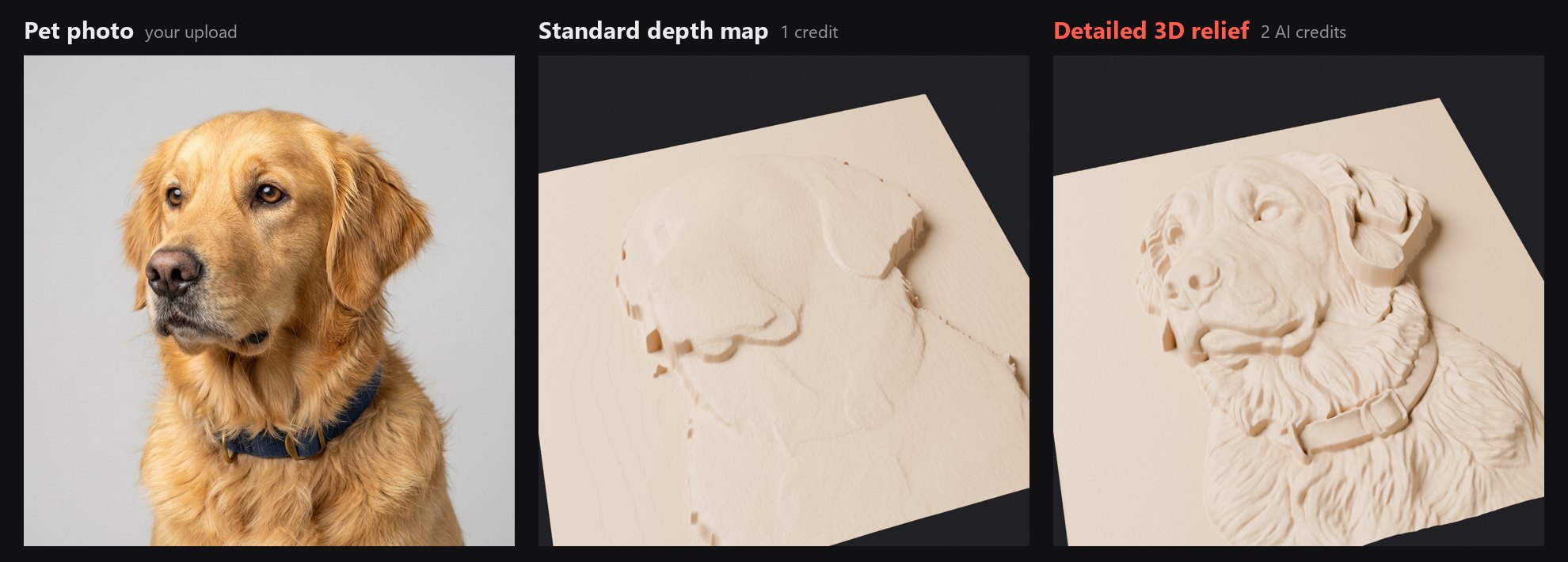 Golden retriever photo converted two ways: a smooth standard depth map and a detailed 3D relief with carved fur, ears and collar