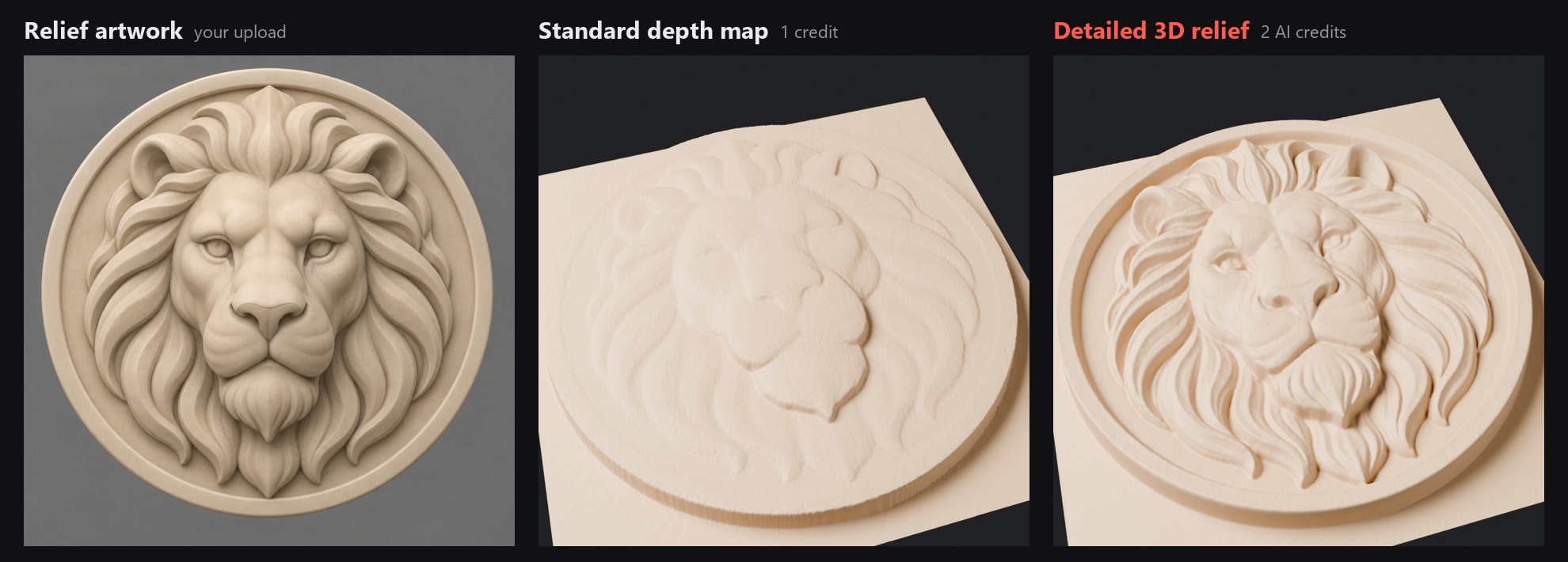 Lion medallion artwork carved as a soft standard depth map and as a crisp detailed 3D relief with defined mane locks